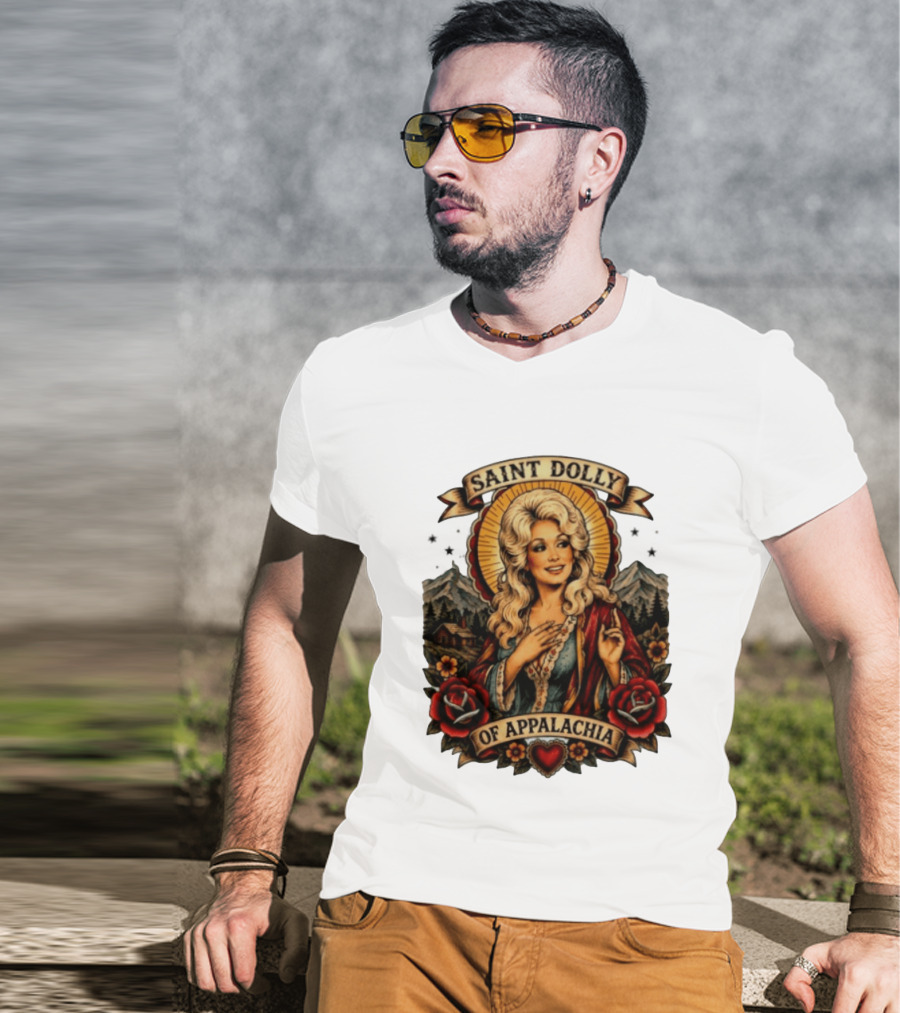 Saint Dolly Of Appalachia Iconic Tribute With Roses And Mountains T-Shirt