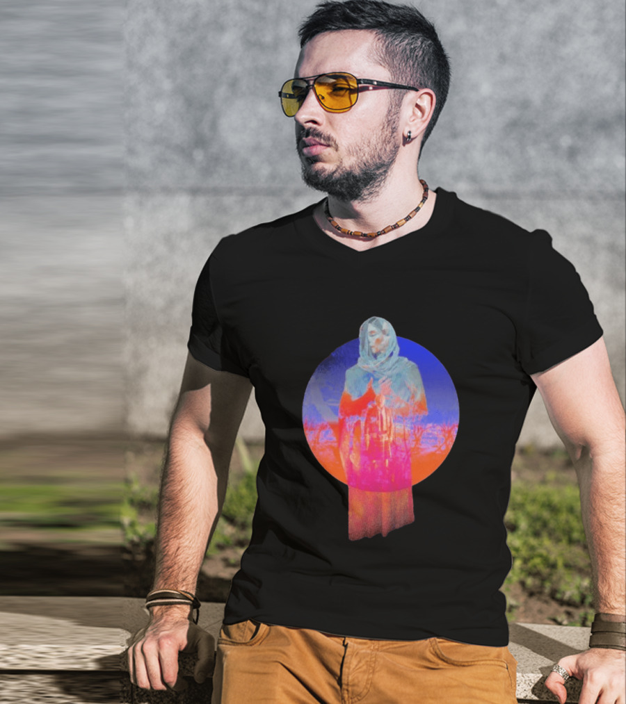 Hot Spot Eclipse Surreal Mystical Figure Eerie Hooded Apparition In Vibrant Color Spectrum T-Shirt