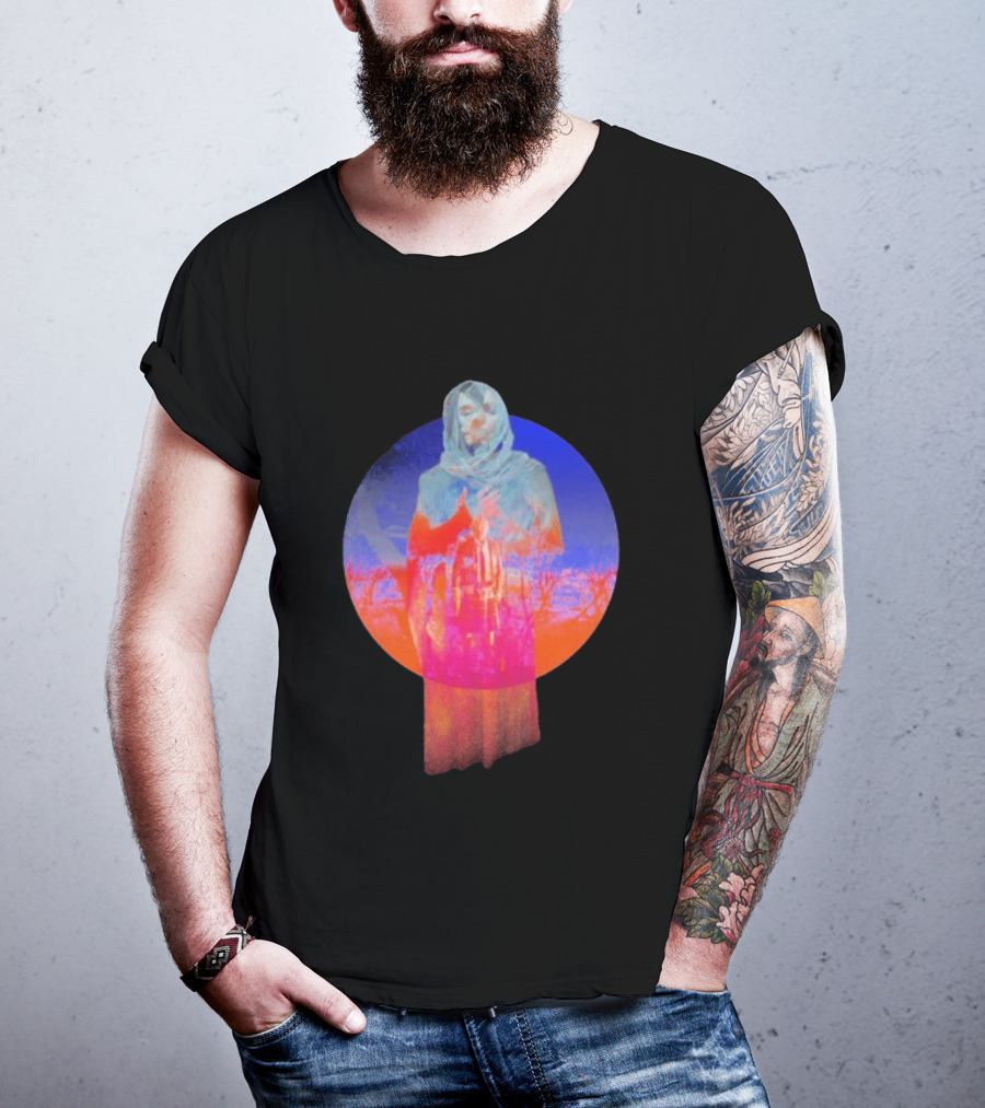 Hot Spot Eclipse Surreal Mystical Figure Eerie Hooded Apparition In Vibrant Color Spectrum T-Shirt