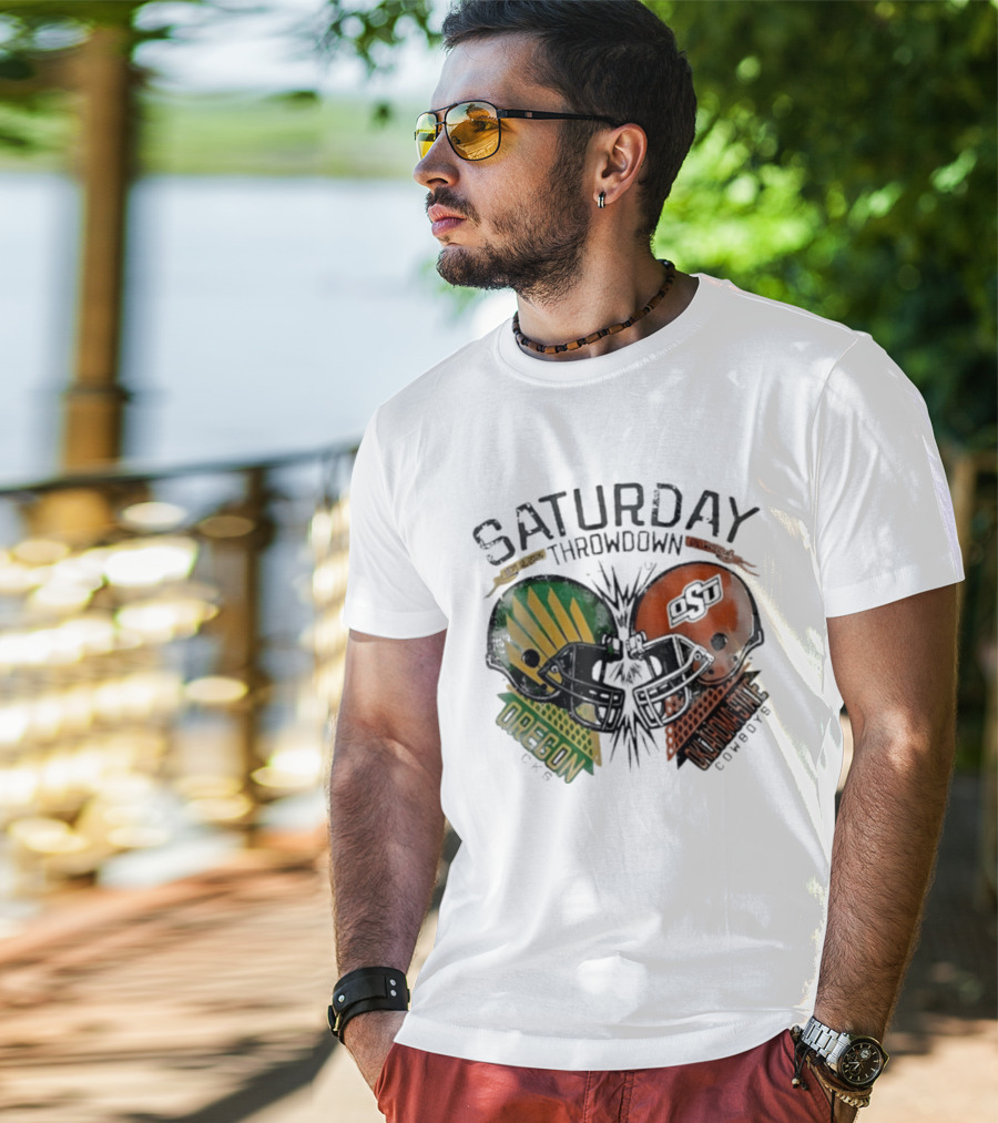 Oklahoma State Vs Oregon Saturday Throwdown 2026 Helmet Clash T-Shirt
