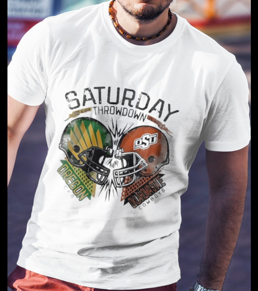 Oklahoma State Vs Oregon Saturday Throwdown 2026 Helmet Clash T-Shirt