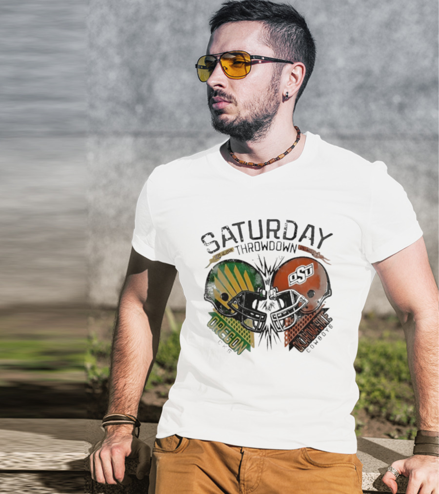 Oklahoma State Vs Oregon Saturday Throwdown 2026 Helmet Clash T-Shirt