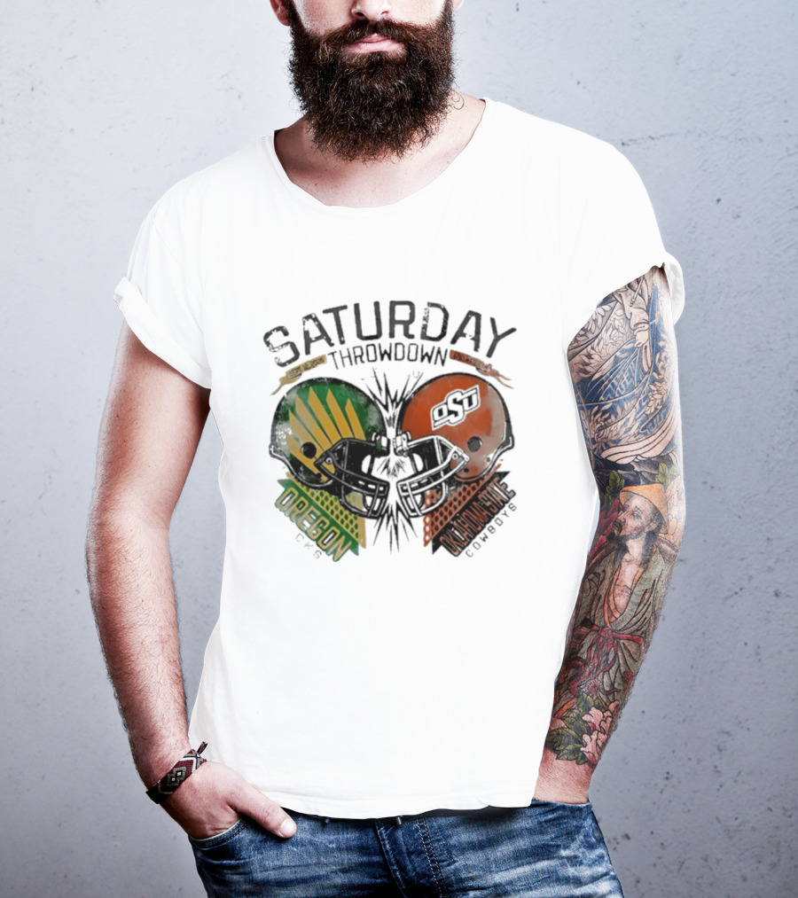 Oklahoma State Vs Oregon Saturday Throwdown 2026 Helmet Clash T-Shirt