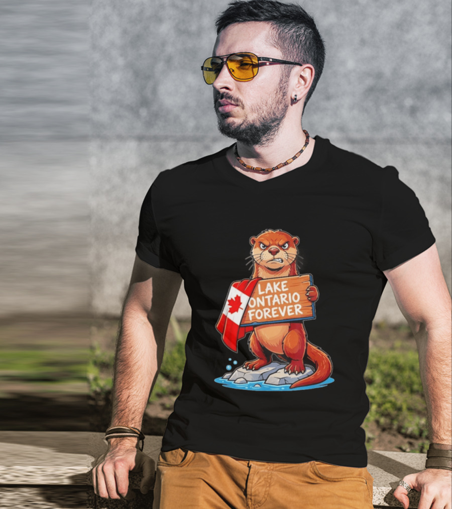 Lake Ontario Forever Otter Canada Flag Rugged Rock Scene T-Shirt