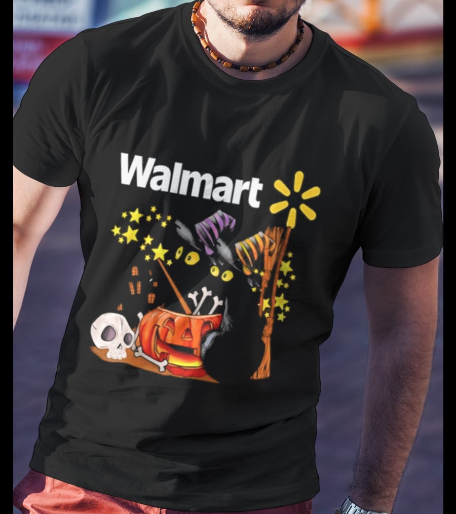 Walmart Halloween 2026 Black Cats With Witch Hats Pumpkin Skull And Stars T-Shirt