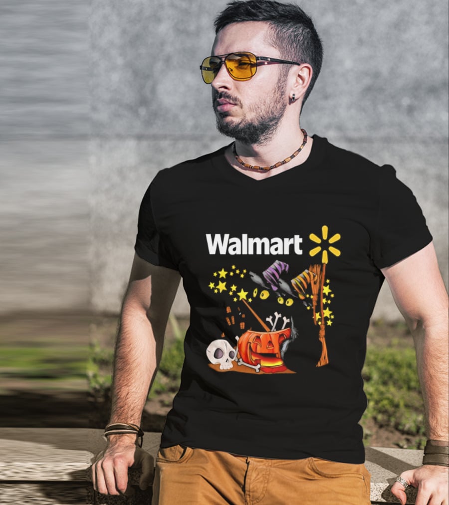 Walmart Halloween 2026 Black Cats With Witch Hats Pumpkin Skull And Stars T-Shirt