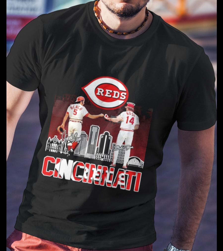 Cincinnati Reds Bench And Rose Skyline Signatures T-Shirt