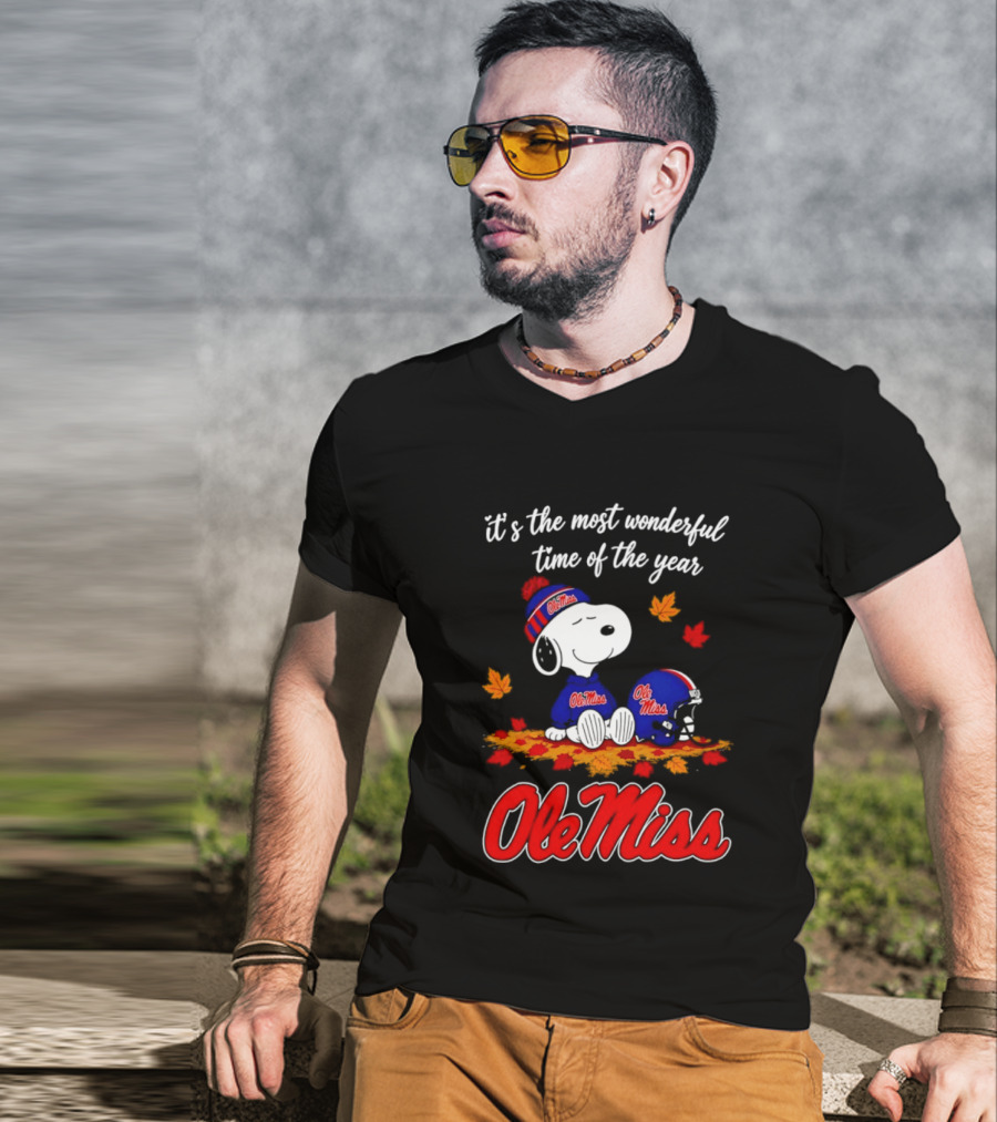 Ole Miss Snoopy It's The Most Wonderful Time Of The Year Fall Leaves T-Shirt