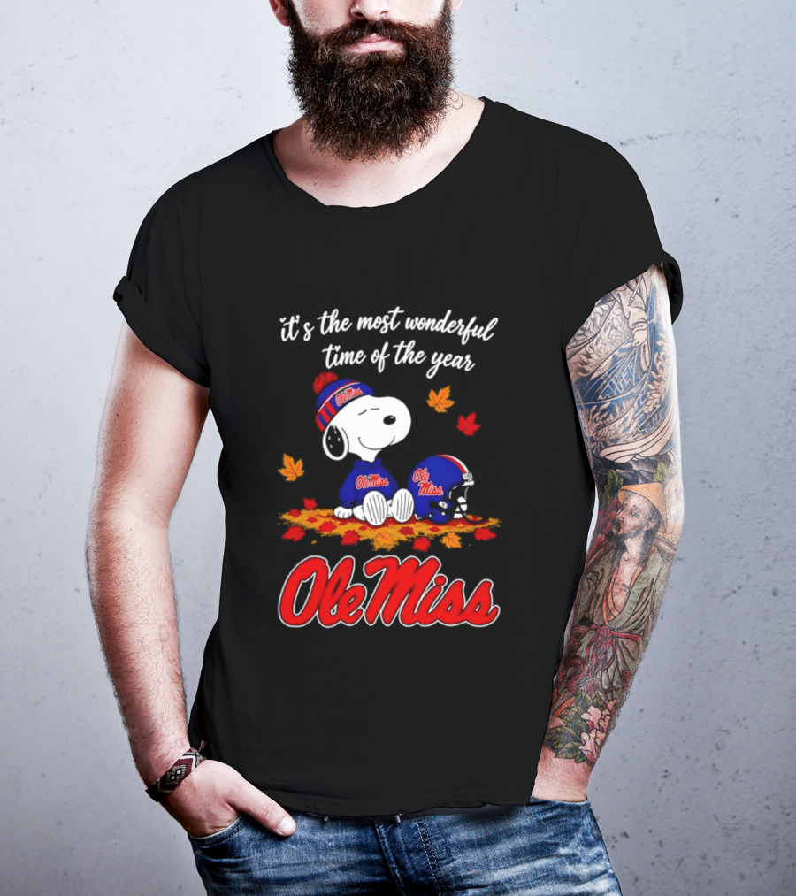 Ole Miss Snoopy It's The Most Wonderful Time Of The Year Fall Leaves T-Shirt