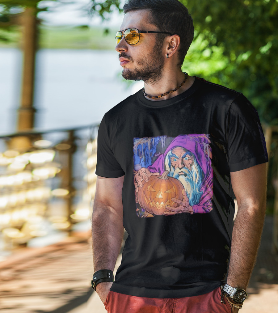 Pondering The Pumpkin Halloween Wizard With Jack O' Lantern 2026 T-Shirt