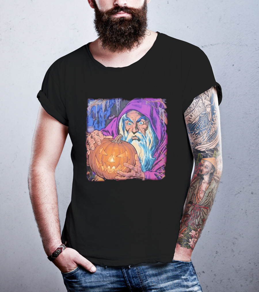 Pondering The Pumpkin Halloween Wizard With Jack O' Lantern 2026 T-Shirt