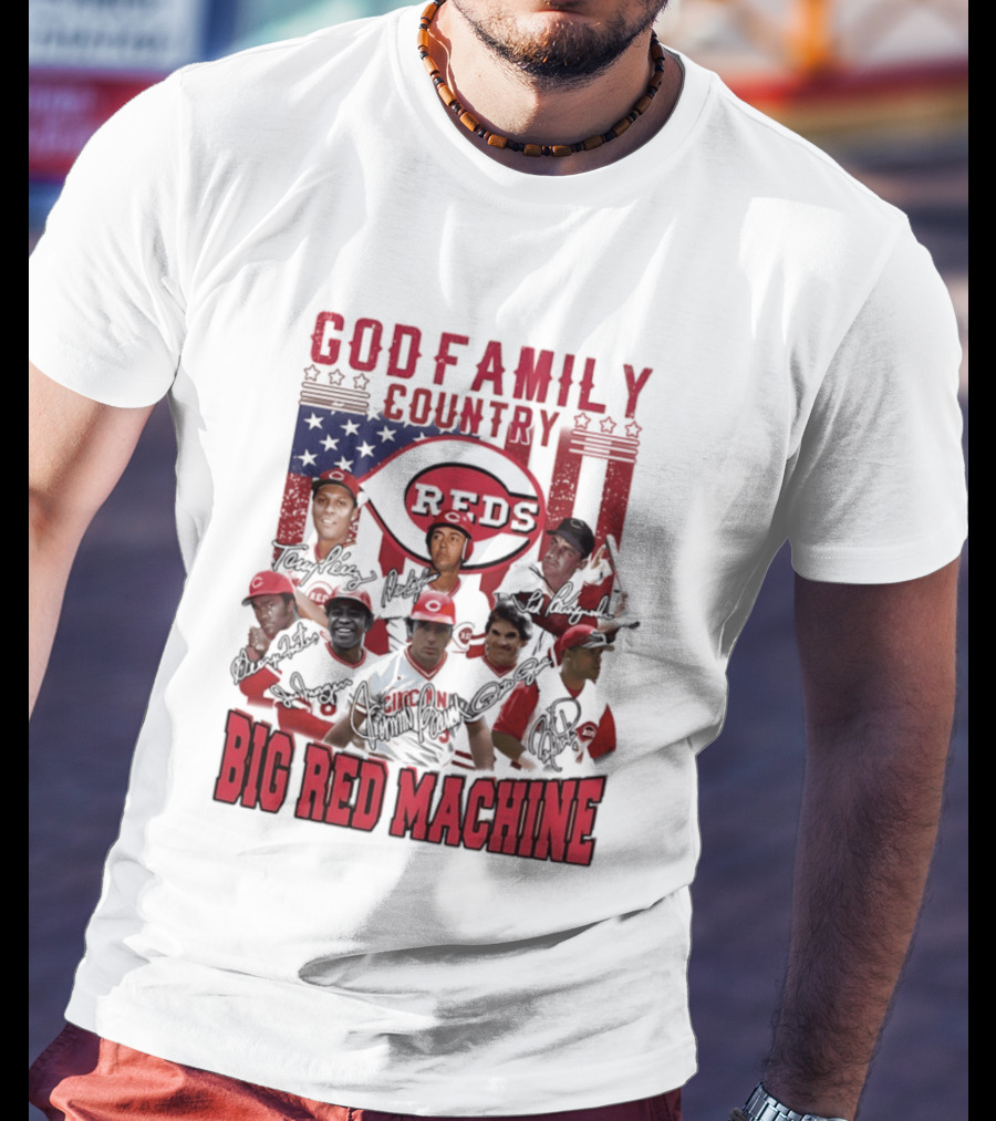 Cincinnati Reds God Family Country Big Red Machine Reds Signatures T-Shirt