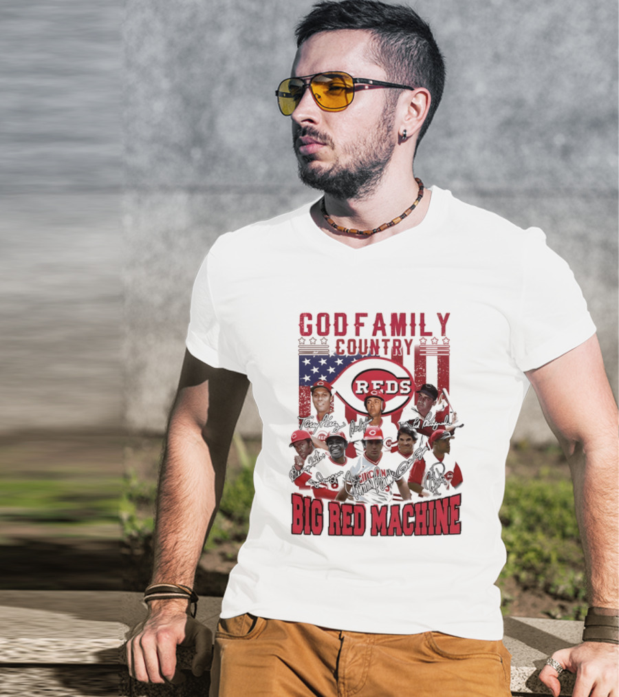 Cincinnati Reds God Family Country Big Red Machine Reds Signatures T-Shirt