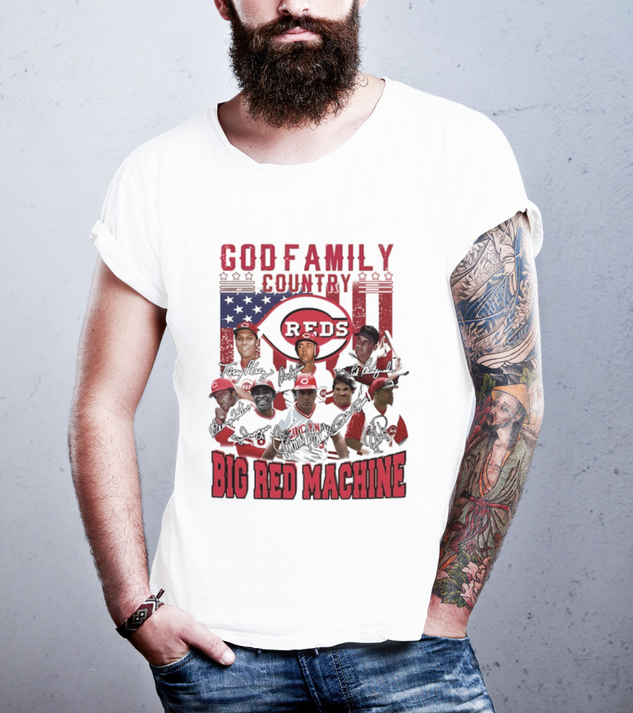 Cincinnati Reds God Family Country Big Red Machine Reds Signatures T-Shirt