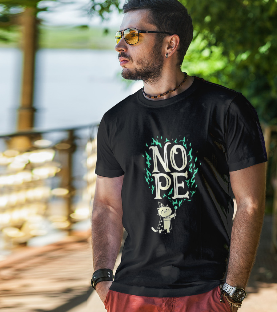Nope Cat Wizard With Magic Wand And Flames T-Shirt
