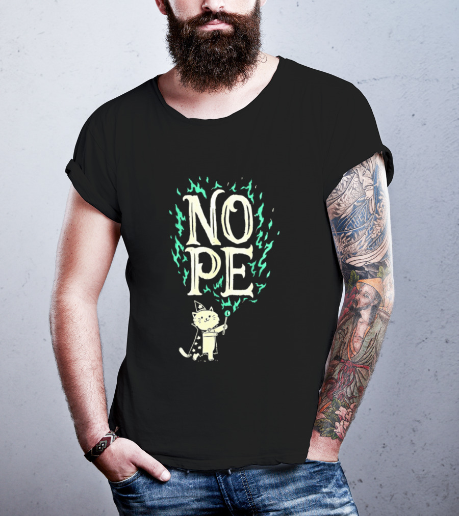 Nope Cat Wizard With Magic Wand And Flames T-Shirt