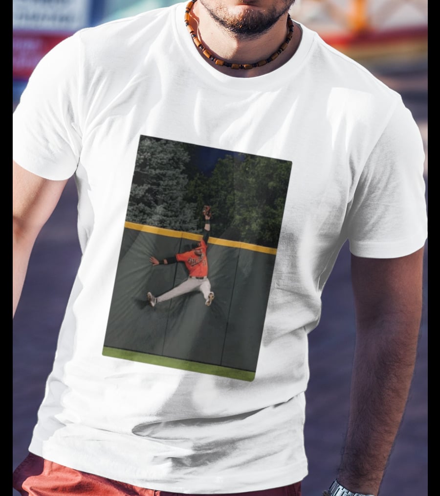Colton Cowser Catch At Wall Wearing Red O's Jersey In Field Action T-Shirt