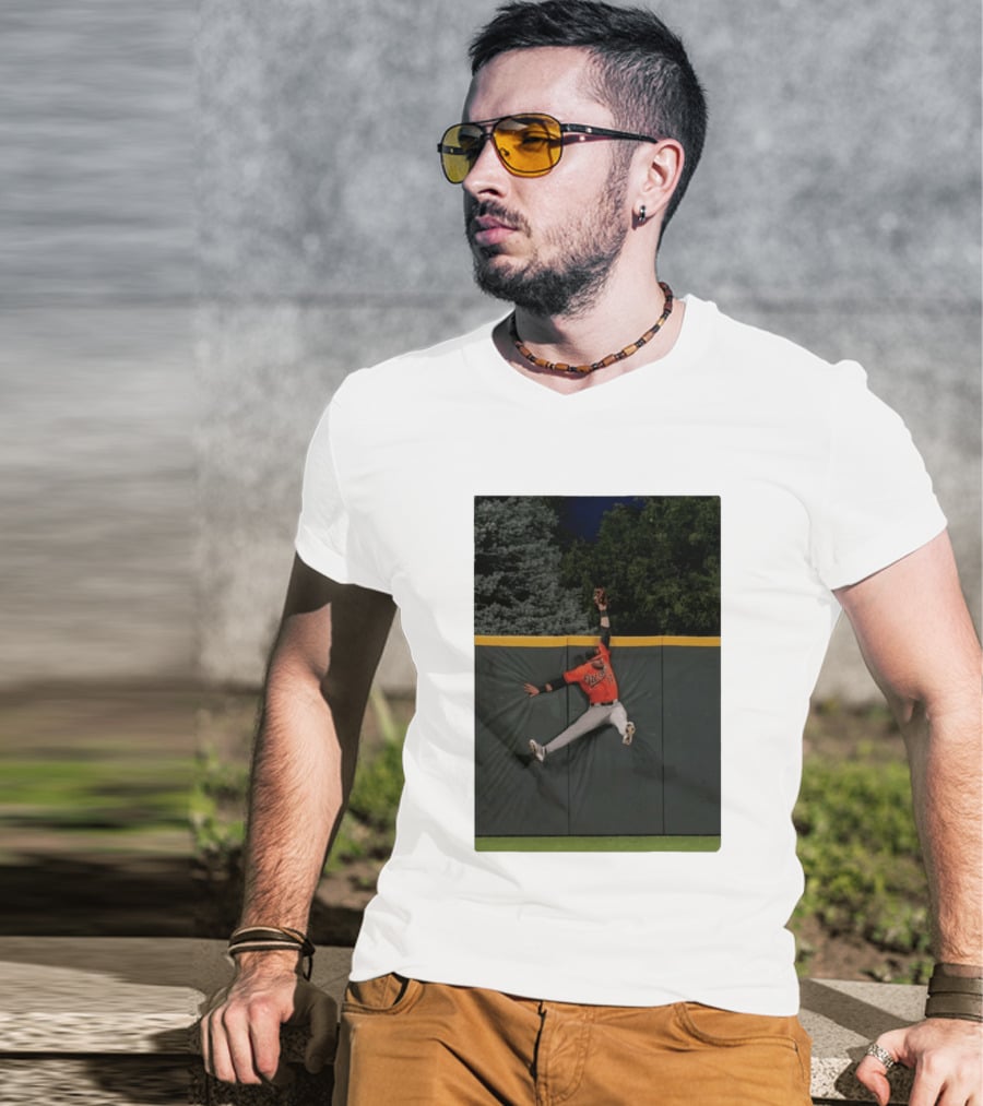 Colton Cowser Catch At Wall Wearing Red O's Jersey In Field Action T-Shirt