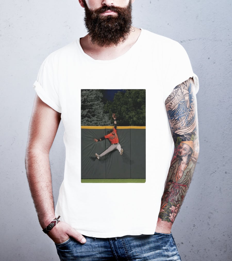 Colton Cowser Catch At Wall Wearing Red O's Jersey In Field Action T-Shirt
