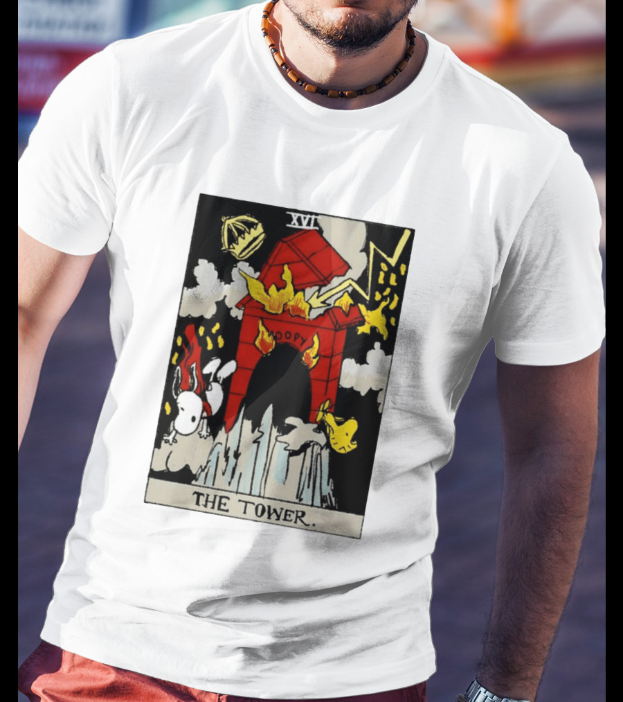 Snoopy The Tower Tarot Card XVII Lightning Flames Clouds Woodstock T-Shirt