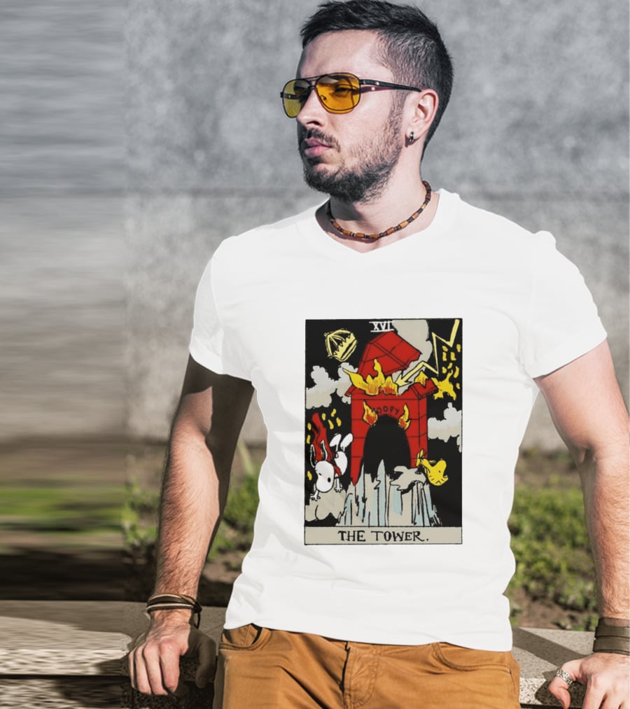 Snoopy The Tower Tarot Card XVII Lightning Flames Clouds Woodstock T-Shirt