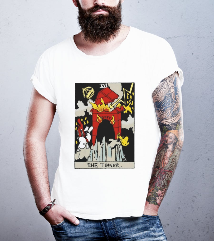 Snoopy The Tower Tarot Card XVII Lightning Flames Clouds Woodstock T-Shirt