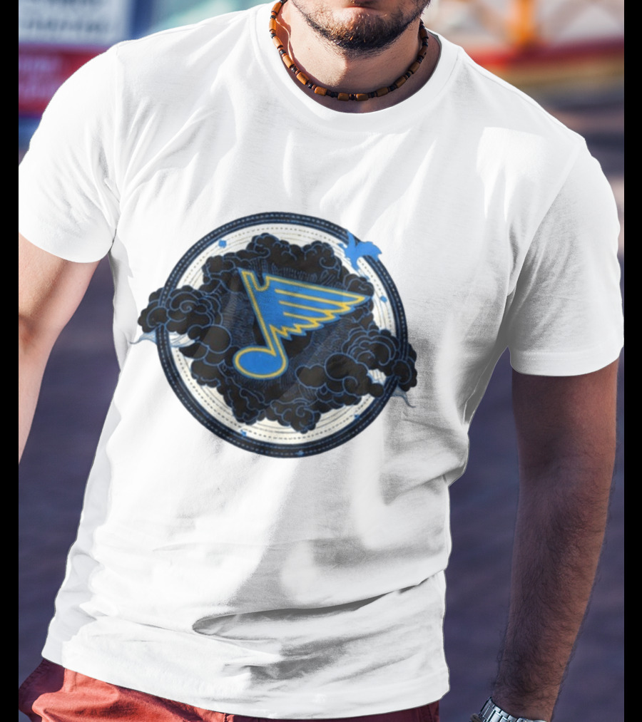 STL Blues Fourth Wing Night 2026 Circle Blue Emblem With Musical Note And Clouds T-Shirt