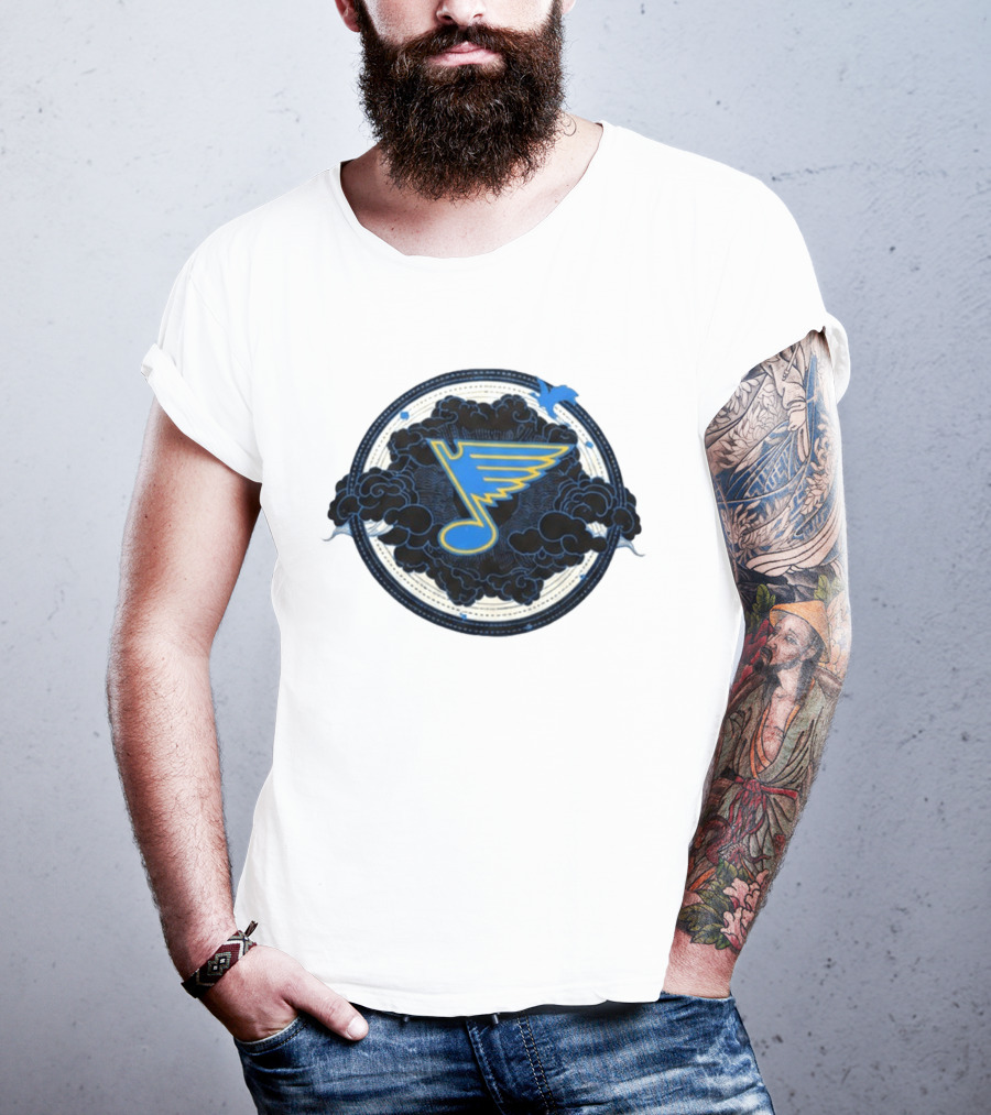STL Blues Fourth Wing Night 2026 Circle Blue Emblem With Musical Note And Clouds T-Shirt