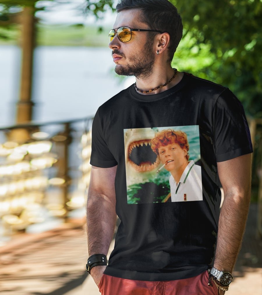 Jannik Sinner Smoking With Jaws Shark Behind T-Shirt