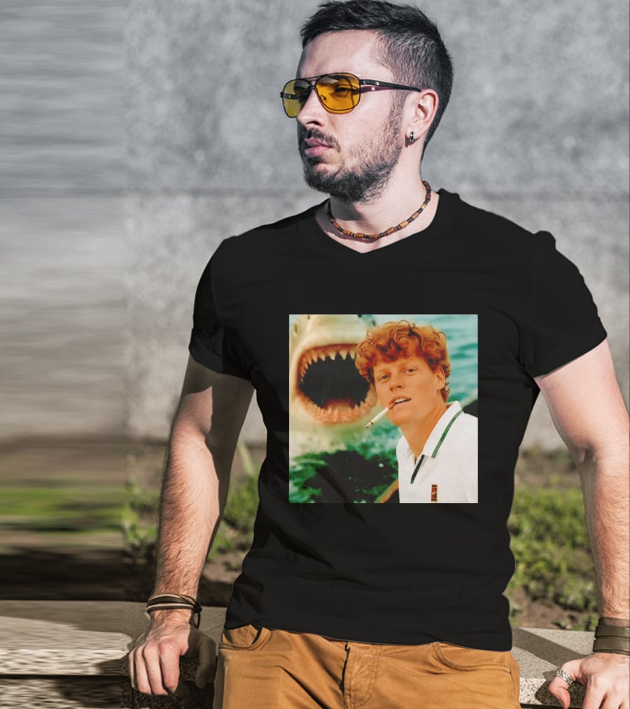 Jannik Sinner Smoking With Jaws Shark Behind T-Shirt