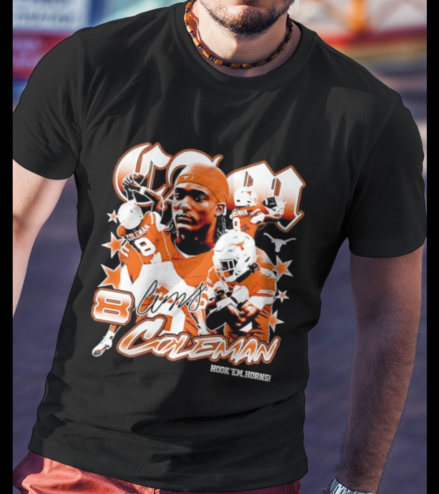 Cameron Coleman 8 Texas Longhorns NCAA Football Star Player Action T-Shirt