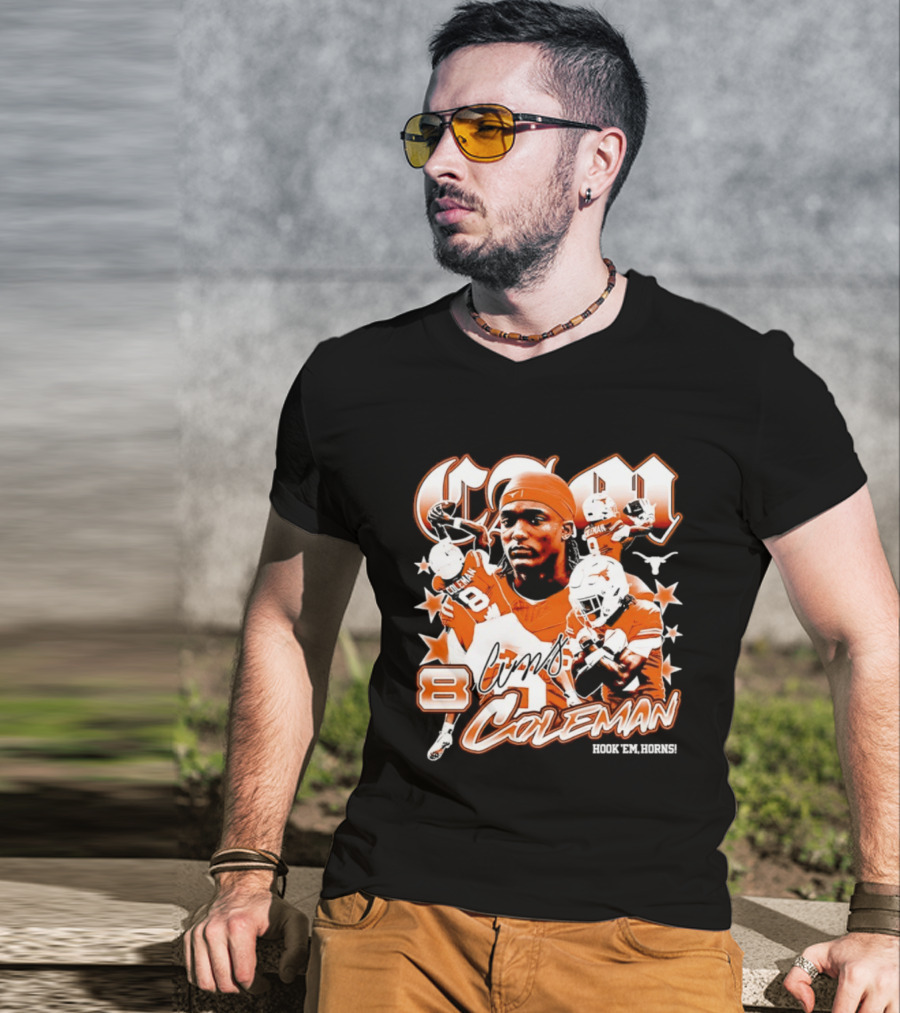 Cameron Coleman 8 Texas Longhorns NCAA Football Star Player Action T-Shirt