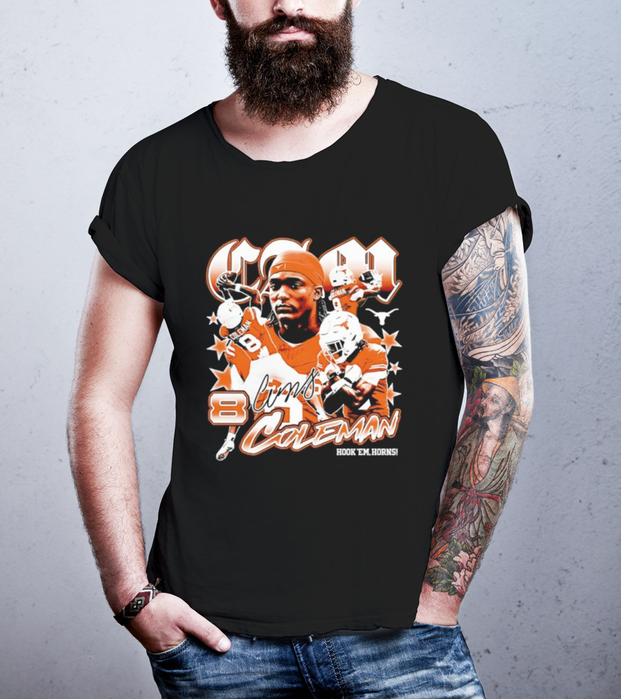 Cameron Coleman 8 Texas Longhorns NCAA Football Star Player Action T-Shirt
