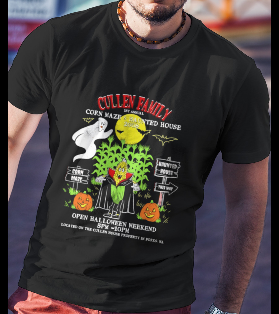 Cullen Family 1st Annual Corn Maze And Haunted House 2008 Halloween Weekend Event Promo With Ghosts And Pumpkins T-Shirt