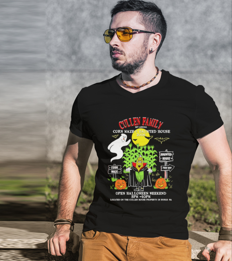 Cullen Family 1st Annual Corn Maze And Haunted House 2008 Halloween Weekend Event Promo With Ghosts And Pumpkins T-Shirt