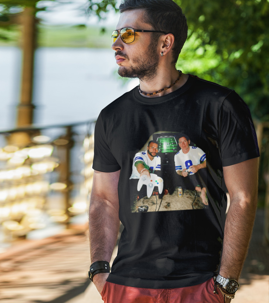 Dak Prescott Troy Aikman Dallas Cowboys Retro Gaming Session T-Shirt