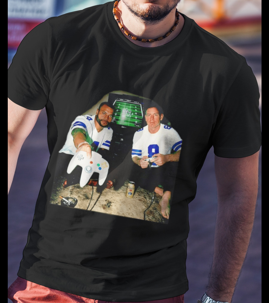 Dak Prescott Troy Aikman Dallas Cowboys Retro Gaming Session T-Shirt