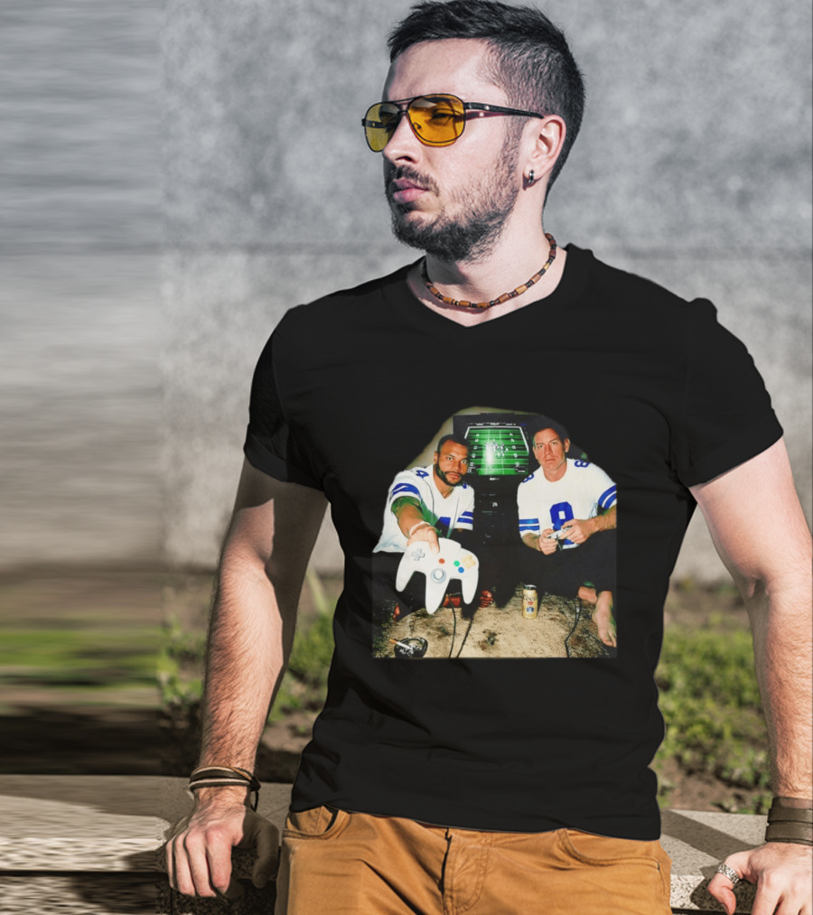Dak Prescott Troy Aikman Dallas Cowboys Retro Gaming Session T-Shirt