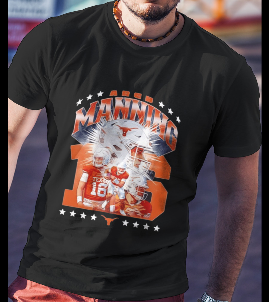 Texas Longhorns Arch Manning NCAA Football Collage Star Player Number 16 T-Shirt