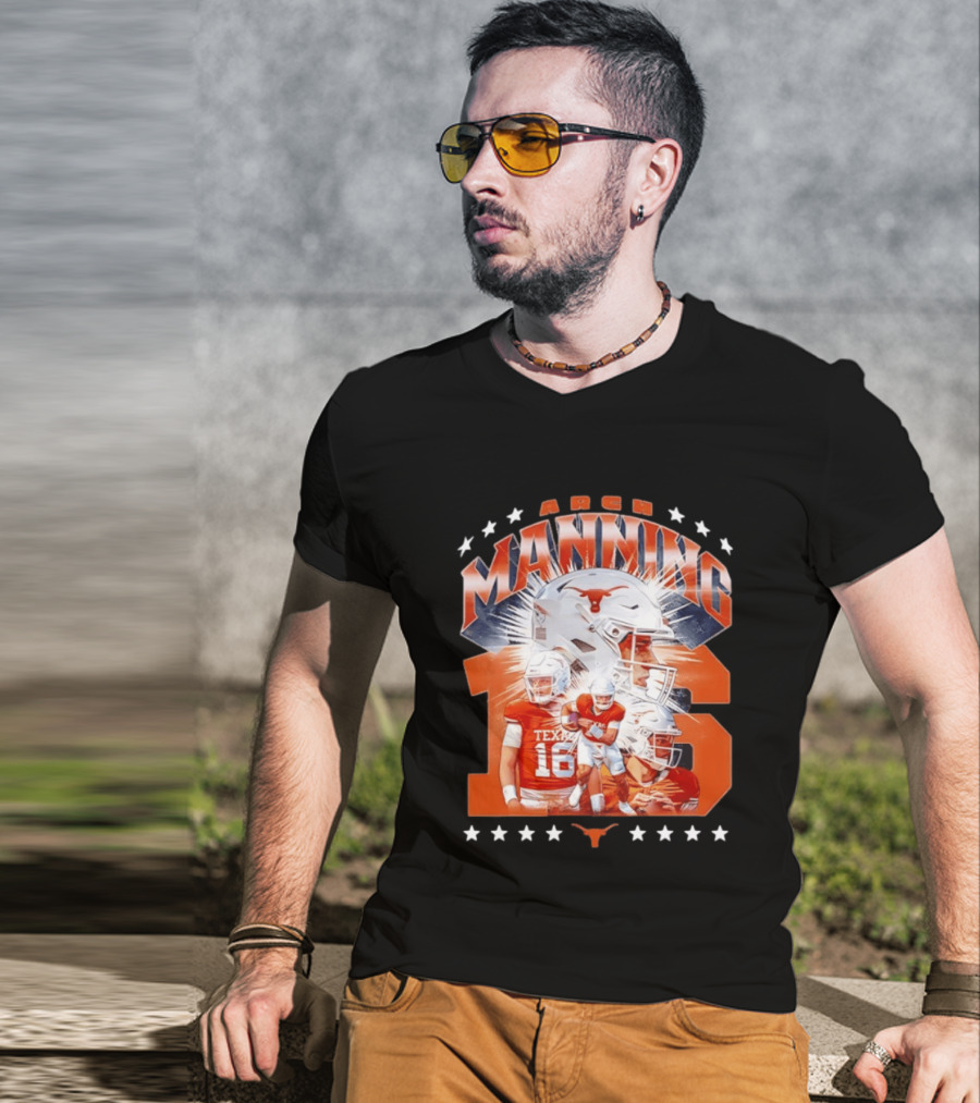 Texas Longhorns Arch Manning NCAA Football Collage Star Player Number 16 T-Shirt