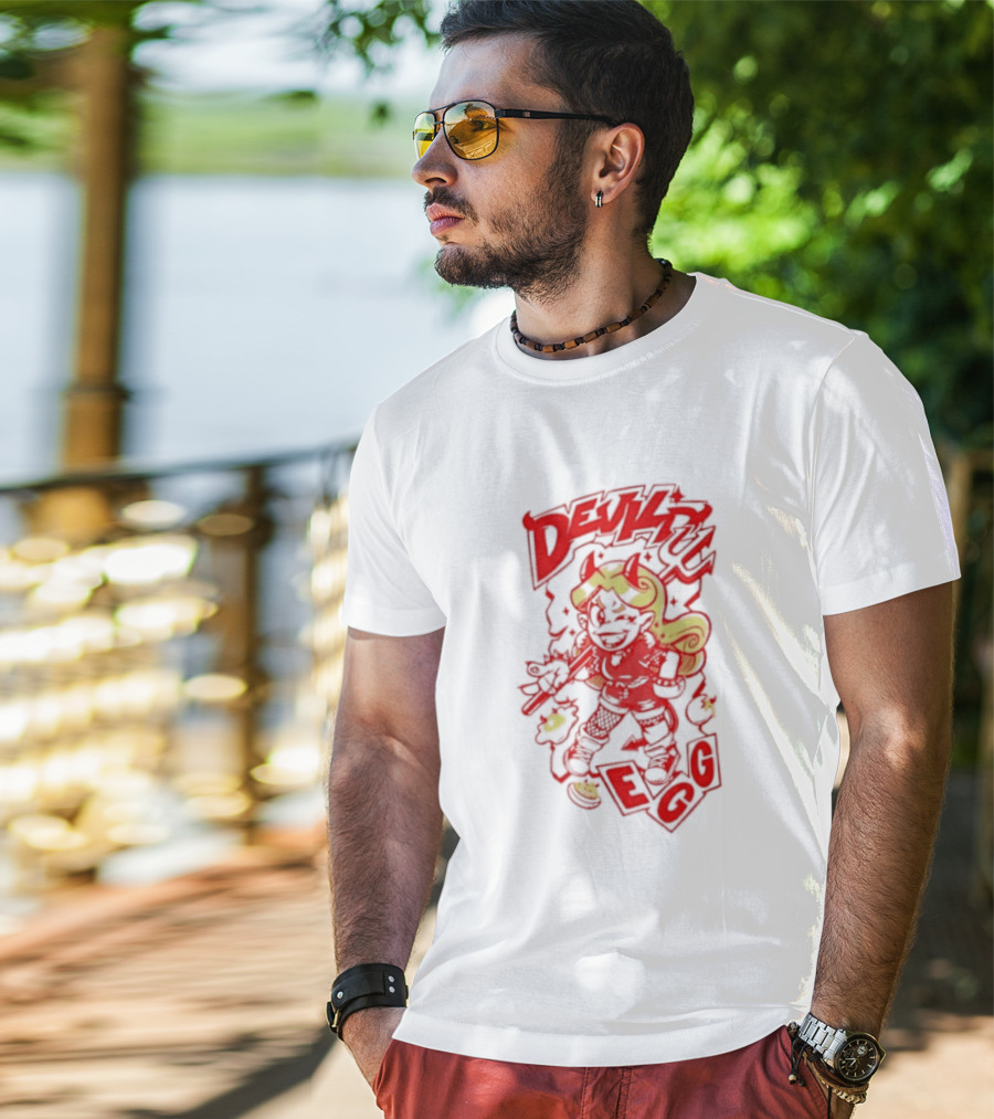 Devil Egg Cartoon Character With Pitchfork And Horns T-Shirt