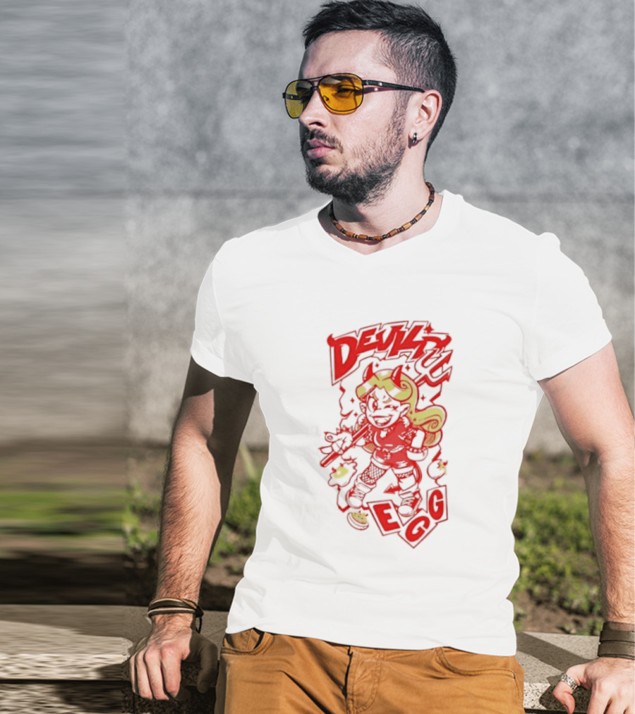 Devil Egg Cartoon Character With Pitchfork And Horns T-Shirt
