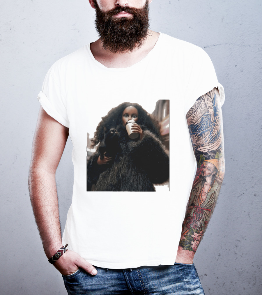 Diana's Cat Club Fashionable Coffee Moment With Furry Coat And Black Cat T-Shirt