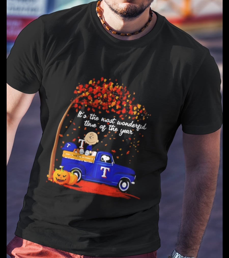 Snoopy Charlie Brown Texas Rangers Halloween 2026 It's The Most Wonderful Time Of The Year Truck Pumpkins T-Shirt