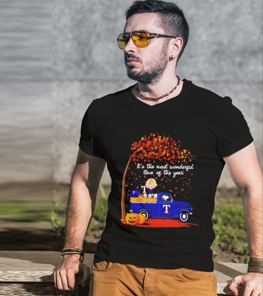 Snoopy Charlie Brown Texas Rangers Halloween 2026 It's The Most Wonderful Time Of The Year Truck Pumpkins T-Shirt