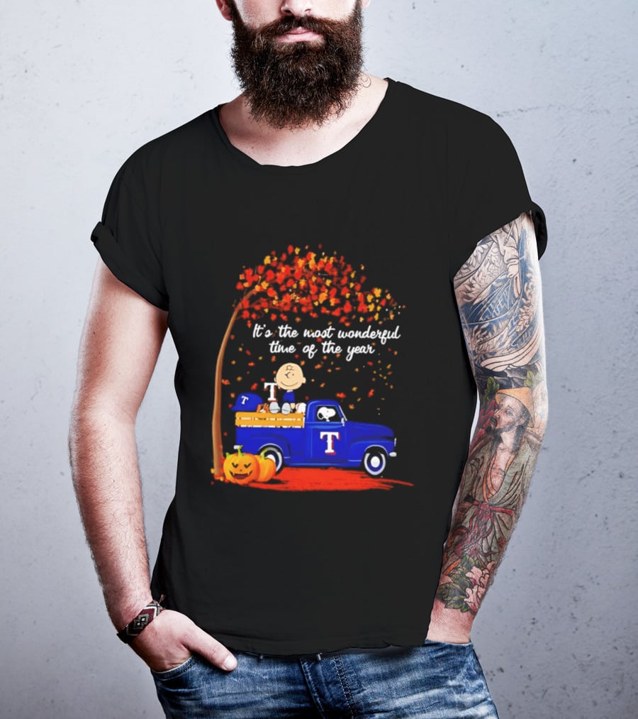 Snoopy Charlie Brown Texas Rangers Halloween 2026 It's The Most Wonderful Time Of The Year Truck Pumpkins T-Shirt