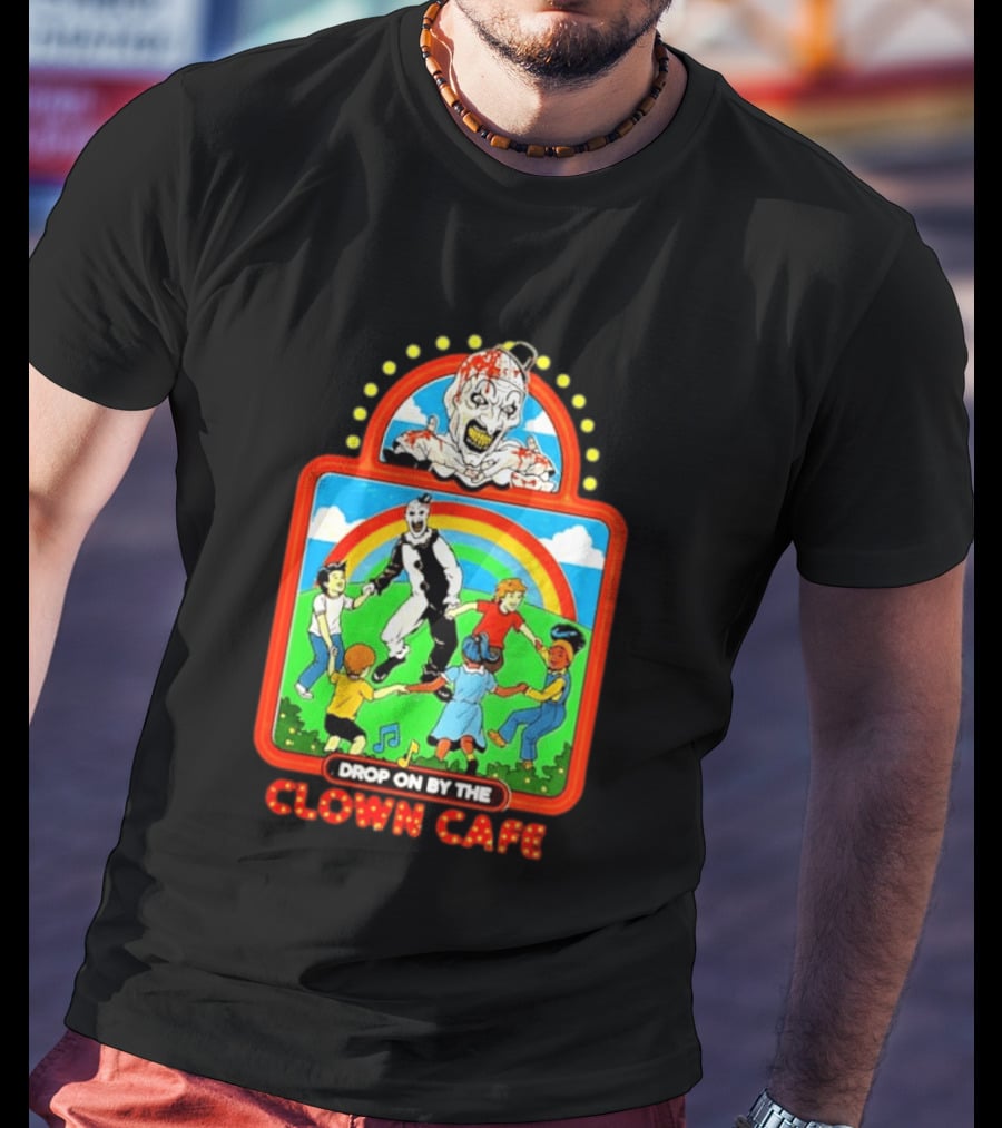 Drop On By The Clown Cafe Creepy Clown Horror With Rainbow And Dancing Kids T-Shirt