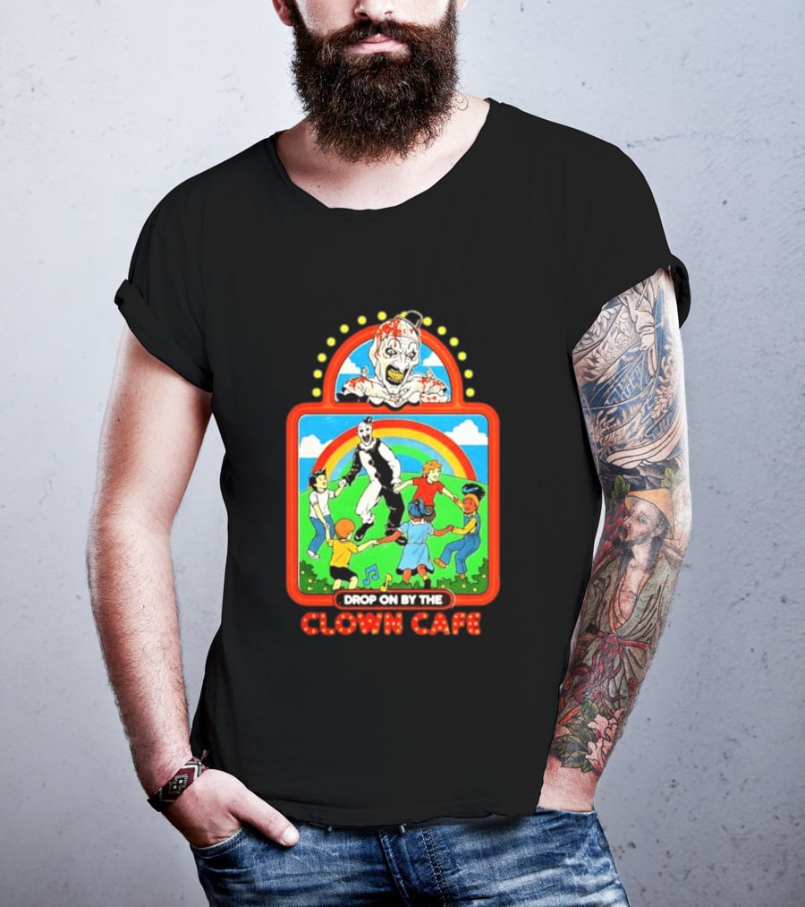 Drop On By The Clown Cafe Creepy Clown Horror With Rainbow And Dancing Kids T-Shirt