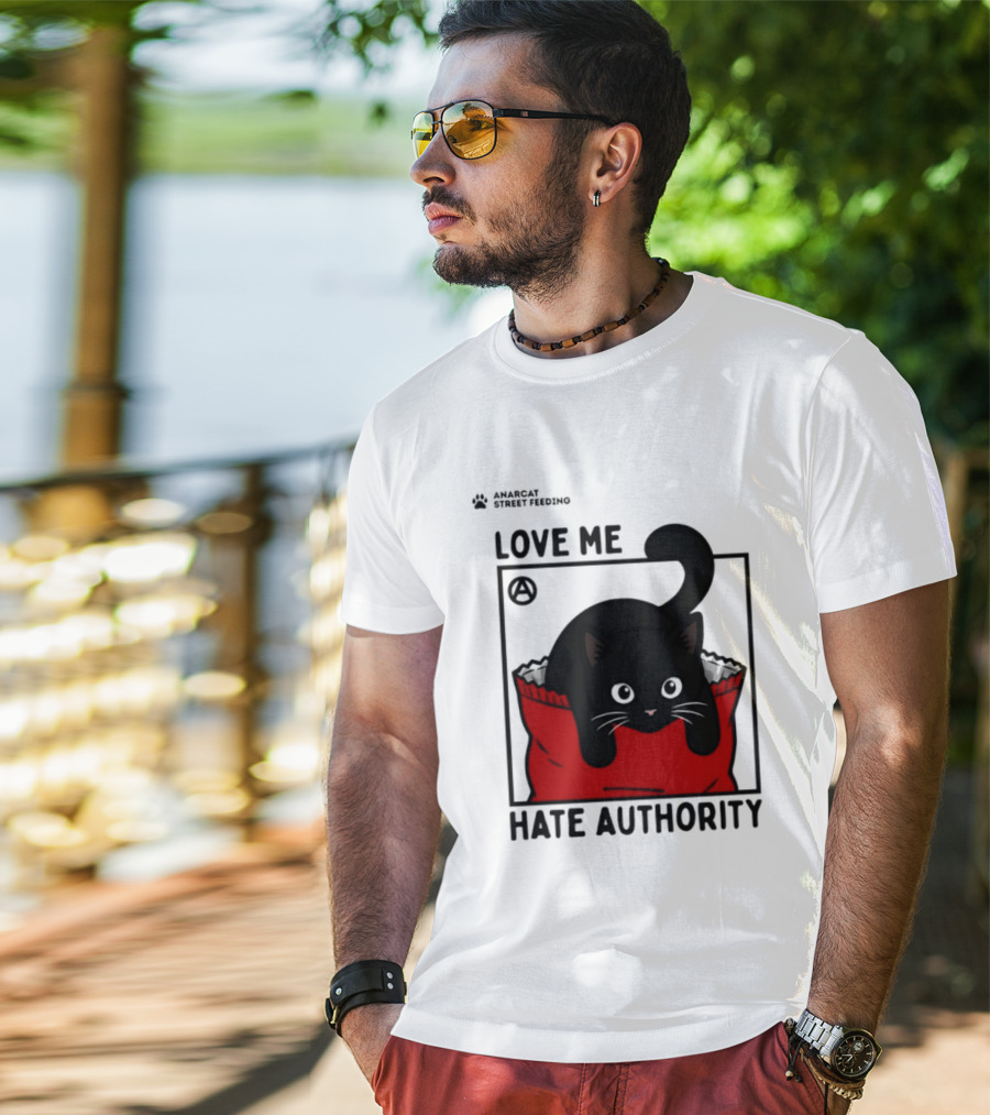 Anarcat Street Feeding Love Me Hate Authority Black Cat Red Bag T-Shirt
