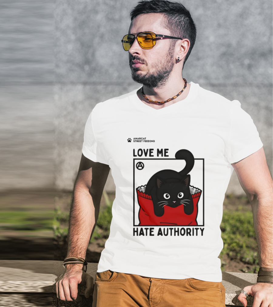 Anarcat Street Feeding Love Me Hate Authority Black Cat Red Bag T-Shirt